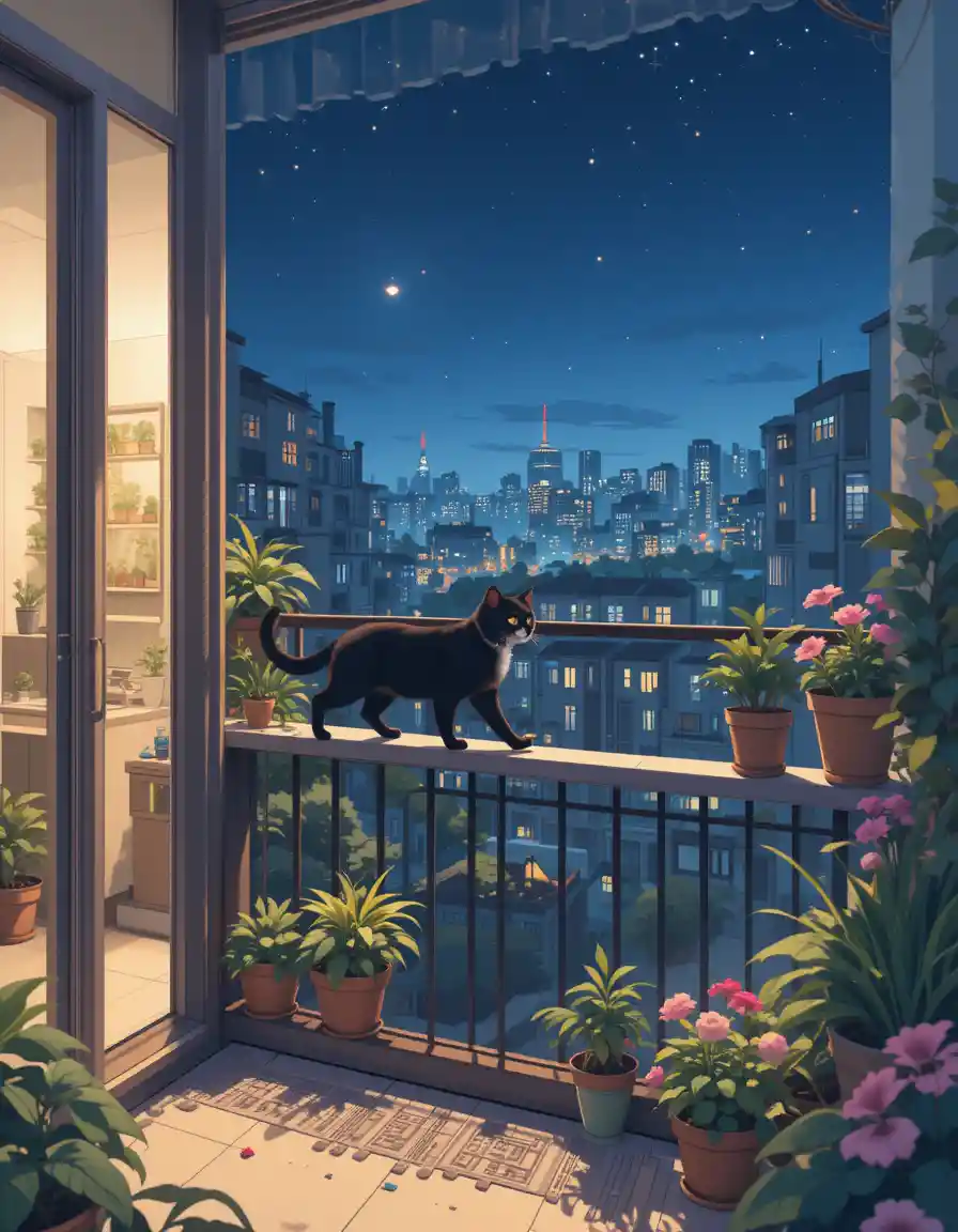 Anime black cat on a quiet apartment balcony at night