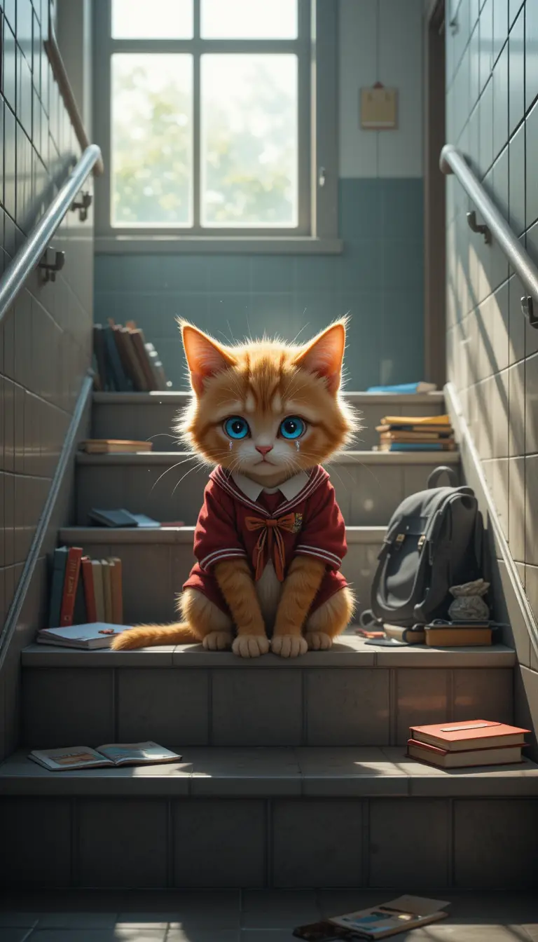 Traurige orangefarbene Schulkatze, die in einem stillen Treppenhaus weint