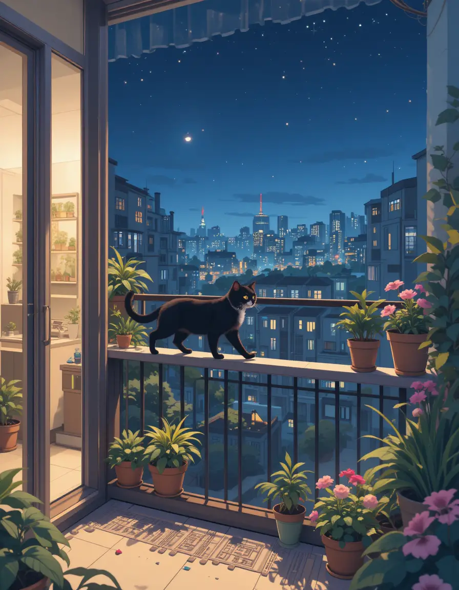 Anime black cat on a quiet apartment balcony at night