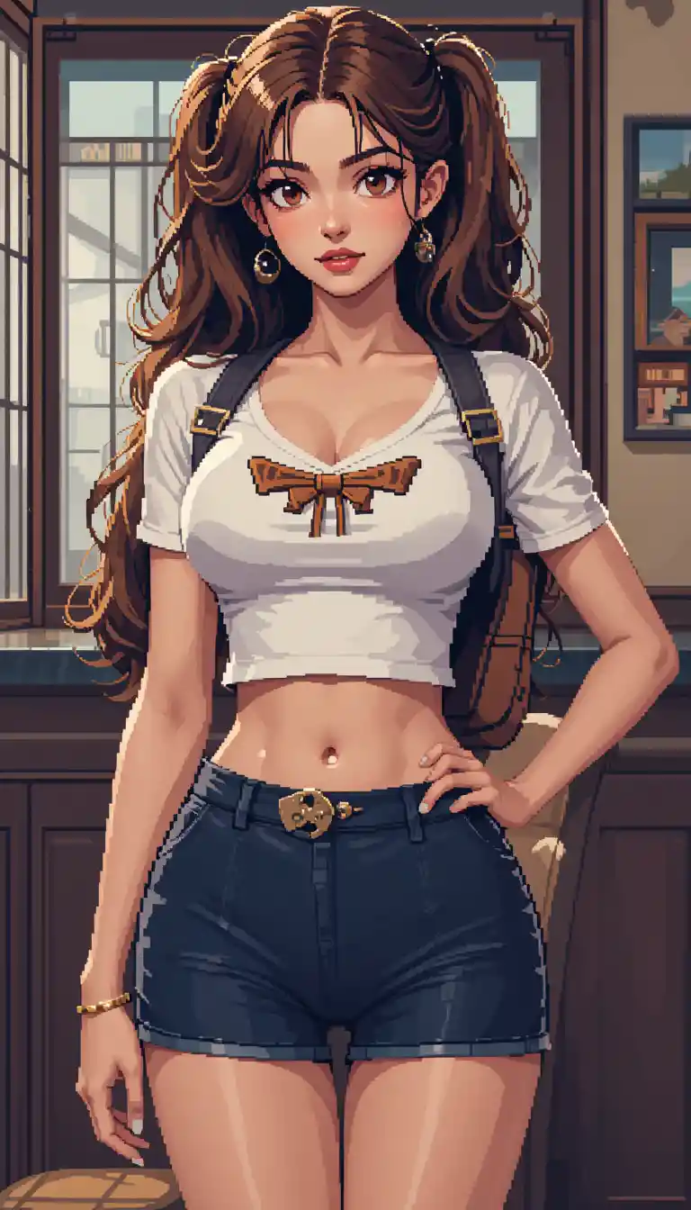 Retro pixel art of a beautiful student woman standing