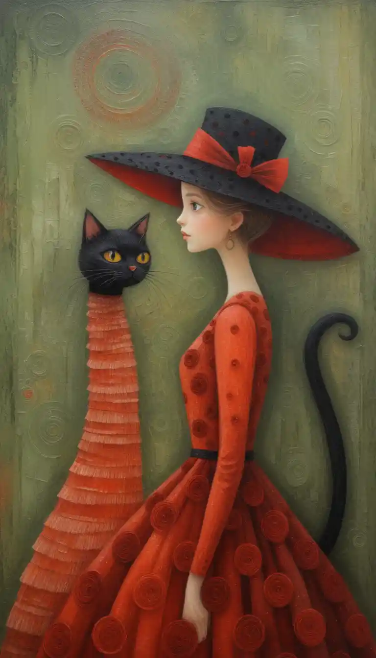Romantic oil painting of a girl with a black cat