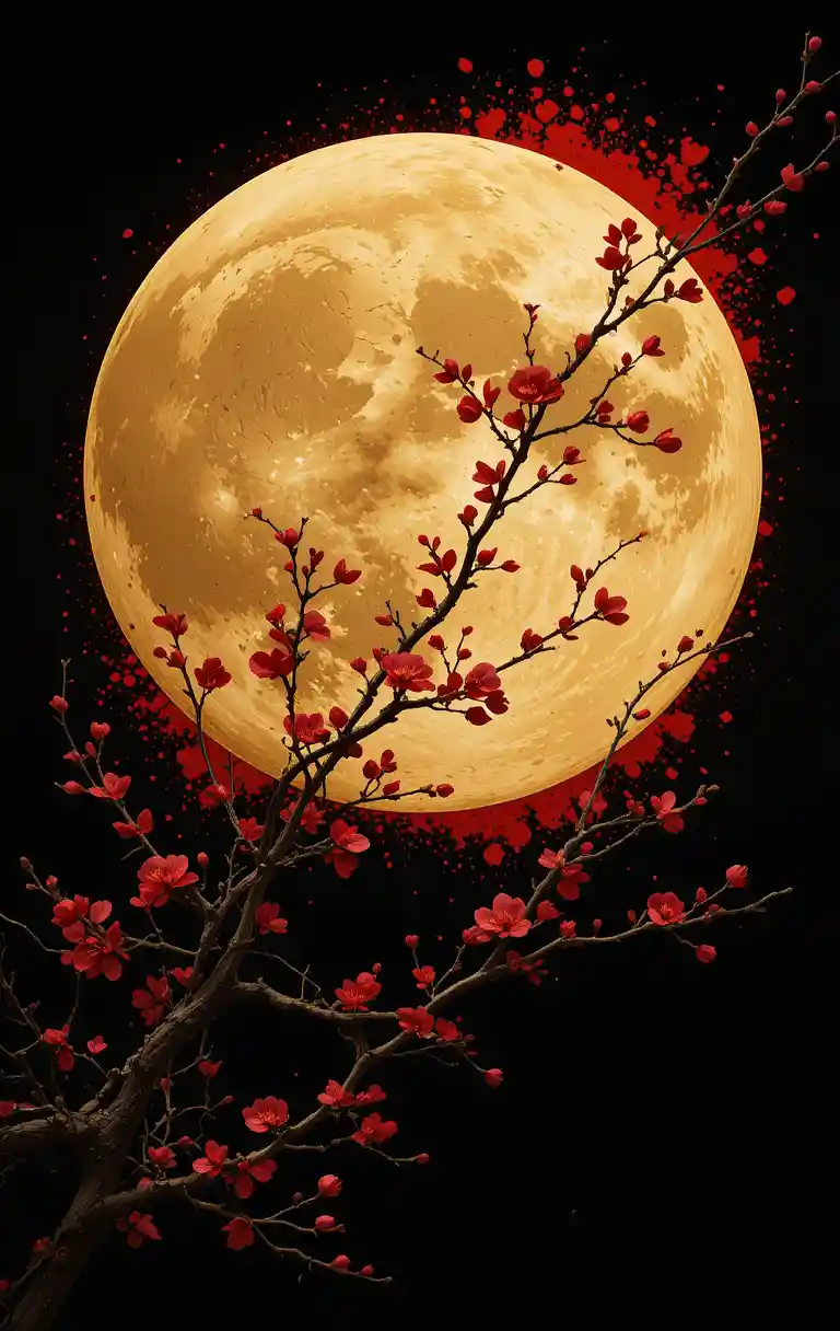 Golden full moon with red blossoms on dark background