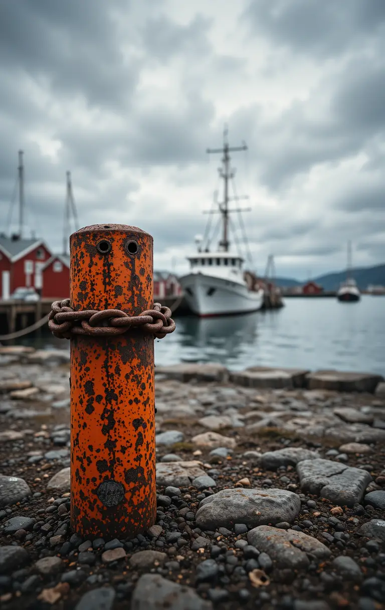 Rusty Harbor Bollard Close Up With Fishing Boat