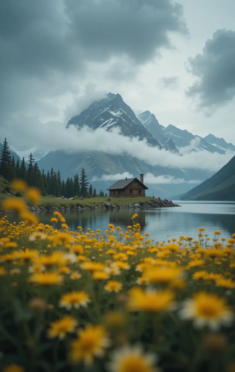 Hidden mountain lake cabin beside still foggy waters