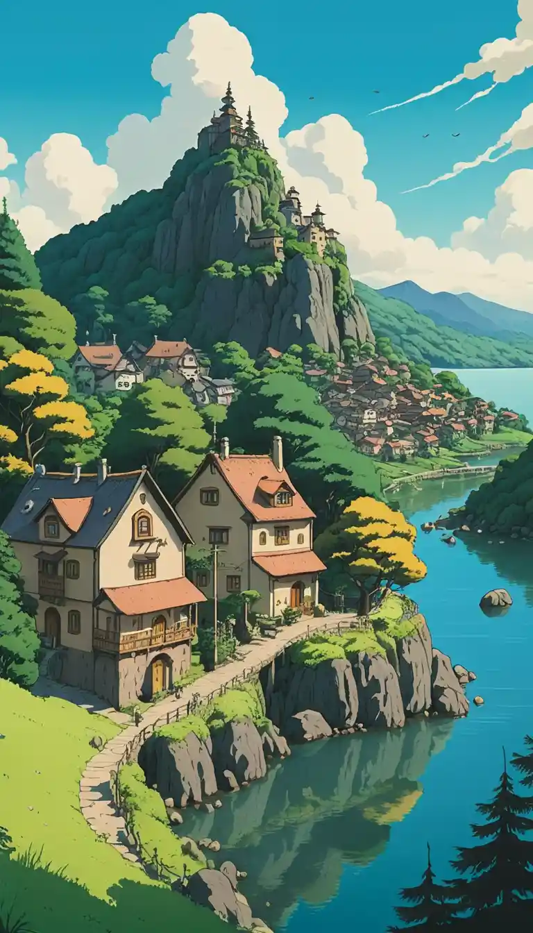 Mountain lake village in soft anime illustration style