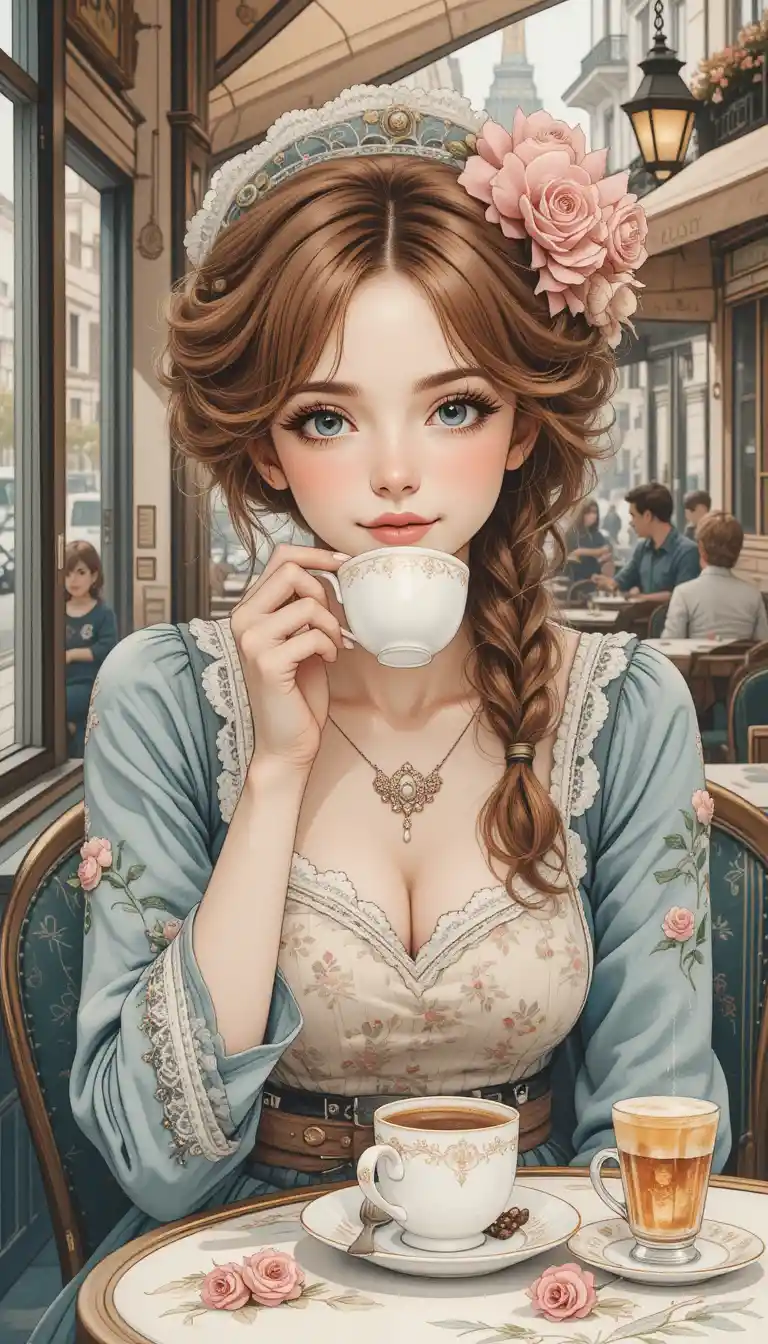 Whimsical woman drinking tea in a Paris bistro watercolor