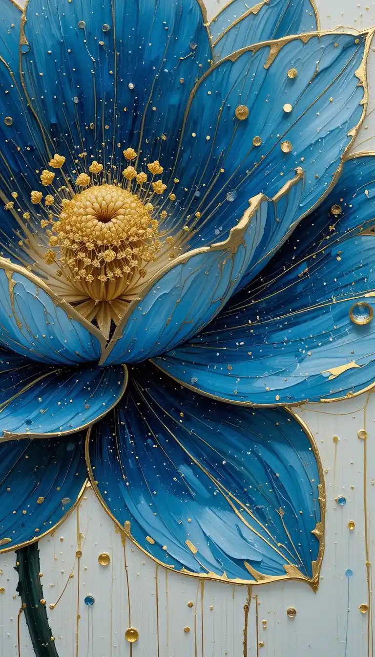Close up impasto painting of a blue flower with gold