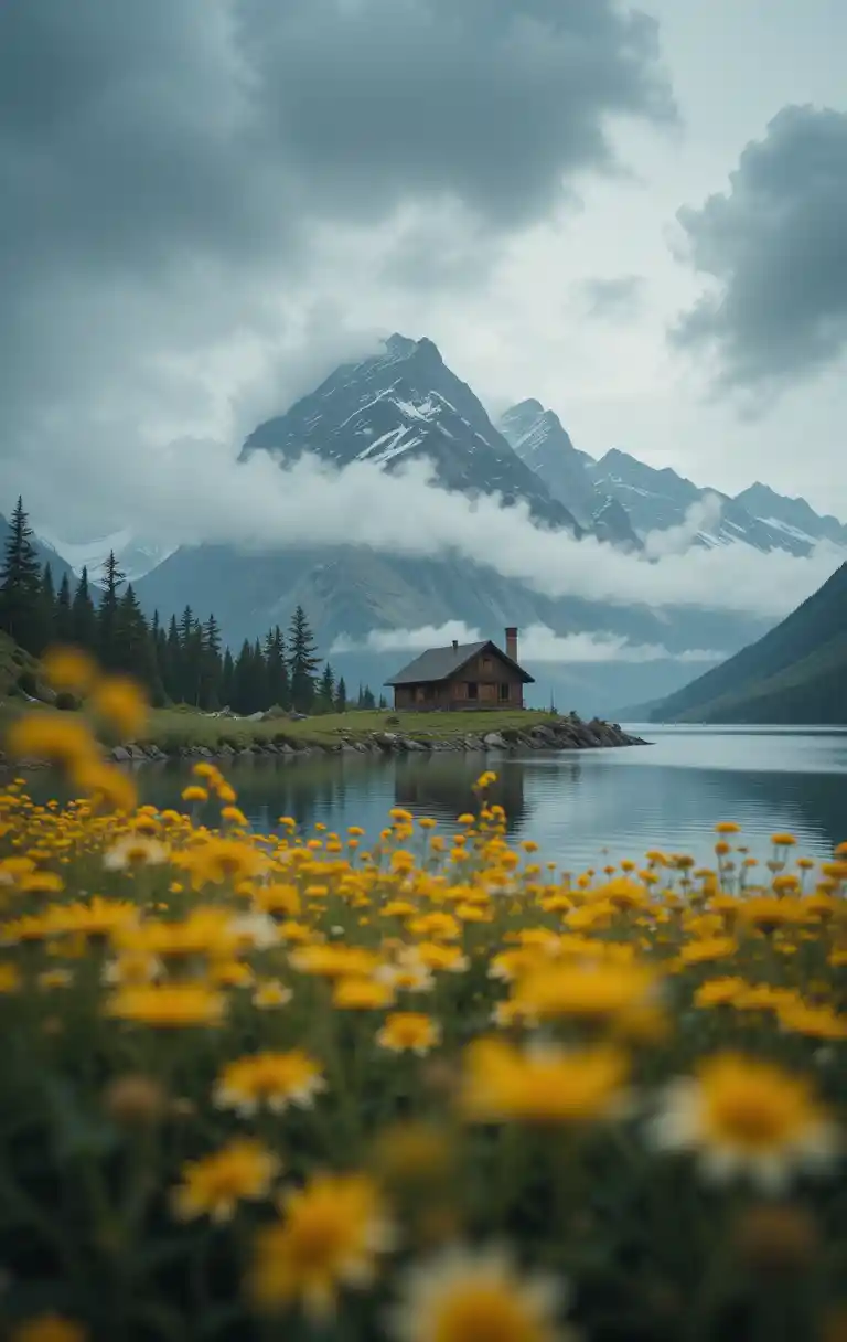 Hidden mountain lake cabin beside still foggy waters