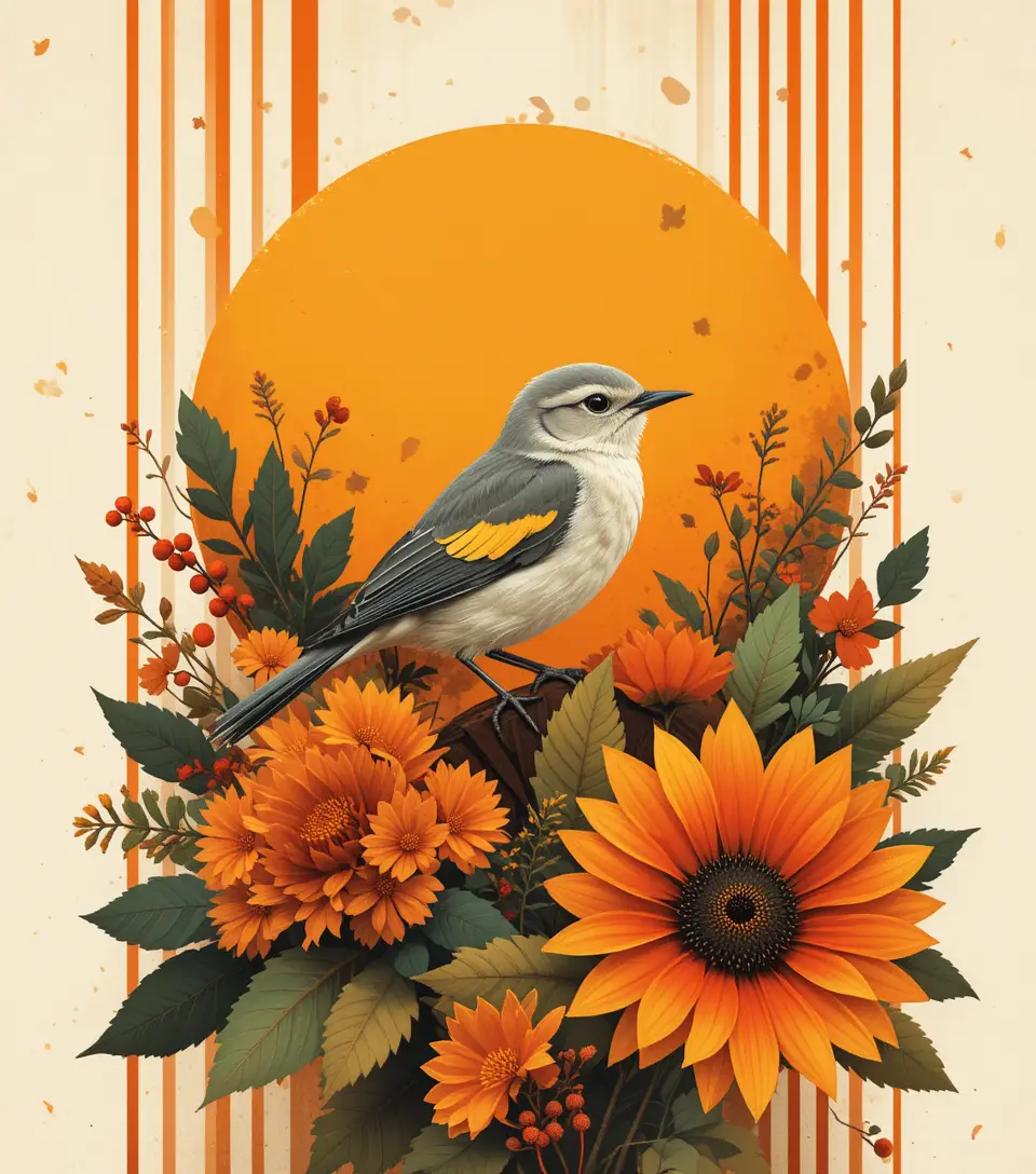 Graphic illustration of a bird among autumn flowers