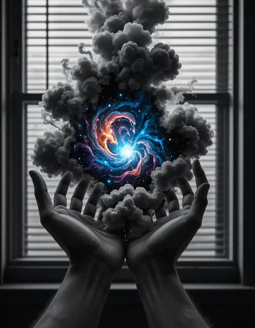 Human hands reaching toward a swirling cosmic nebula