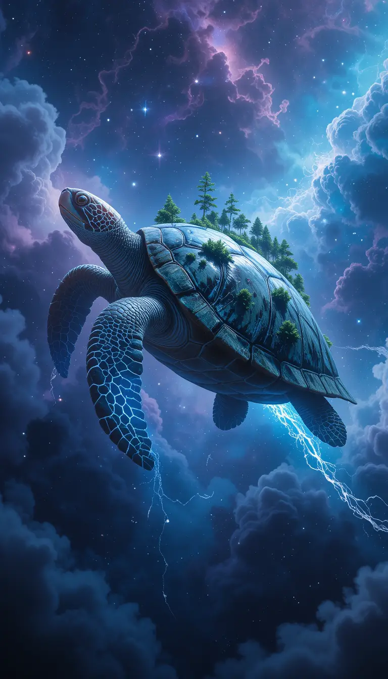 Cosmic sea turtle gliding through a glowing nebula