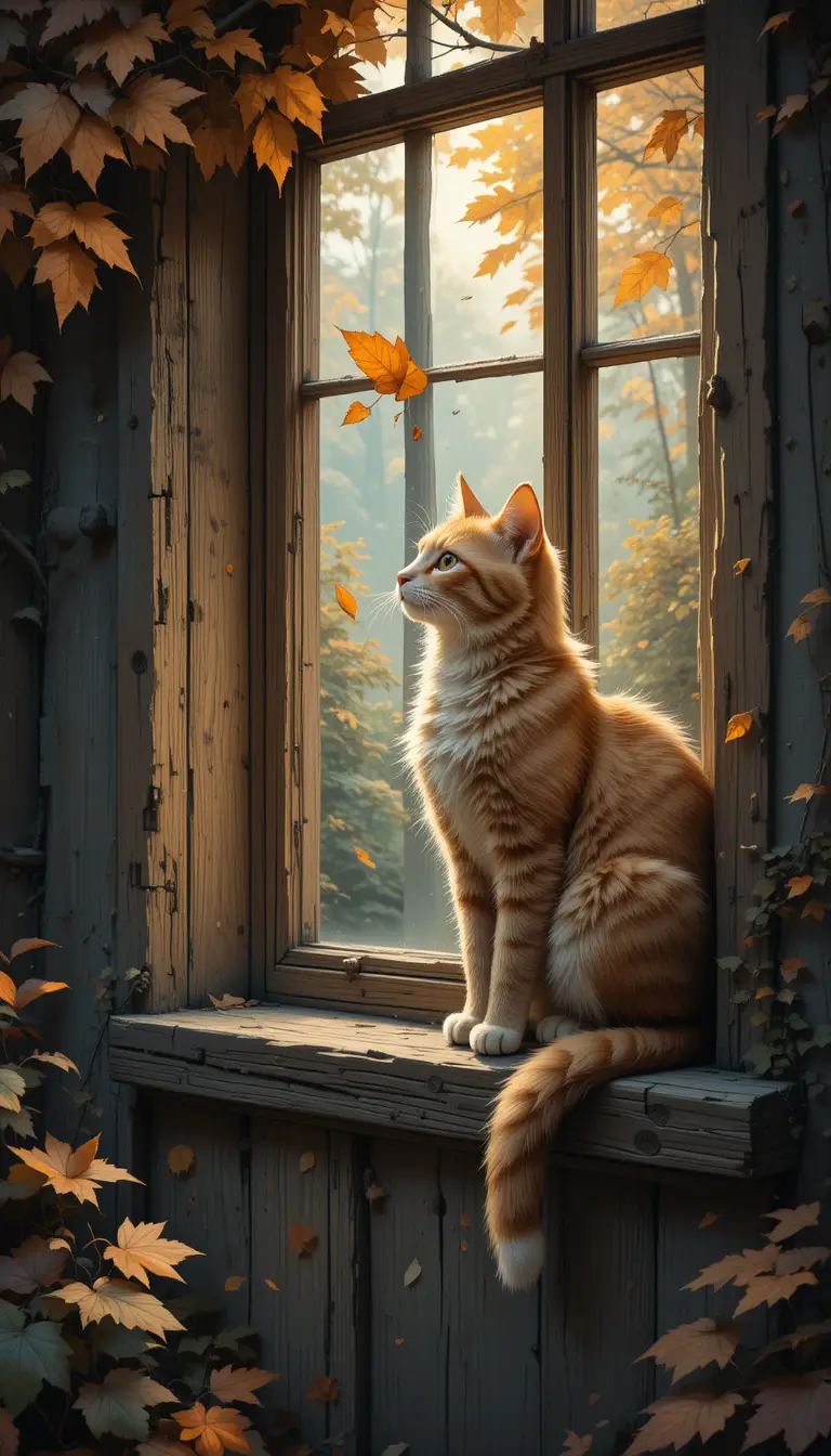 Gatto rosso sul davanzale di un cottage che osserva una foglia autunnale
