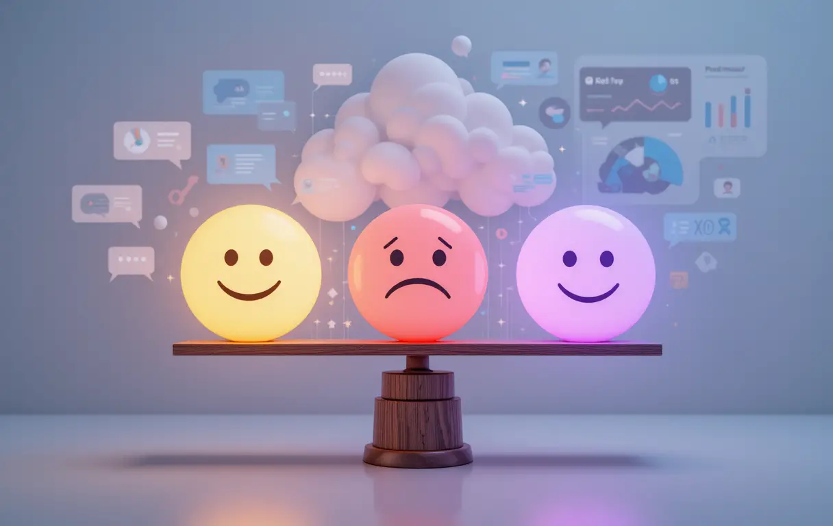 Balanced scale with glowing emotional data orbs