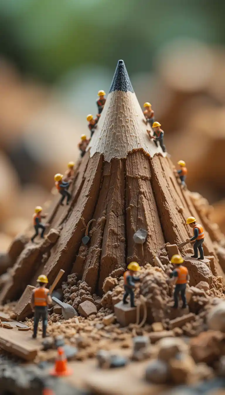 Trabalhadores em miniatura esculpindo uma ponta de lápis em forma de montanha