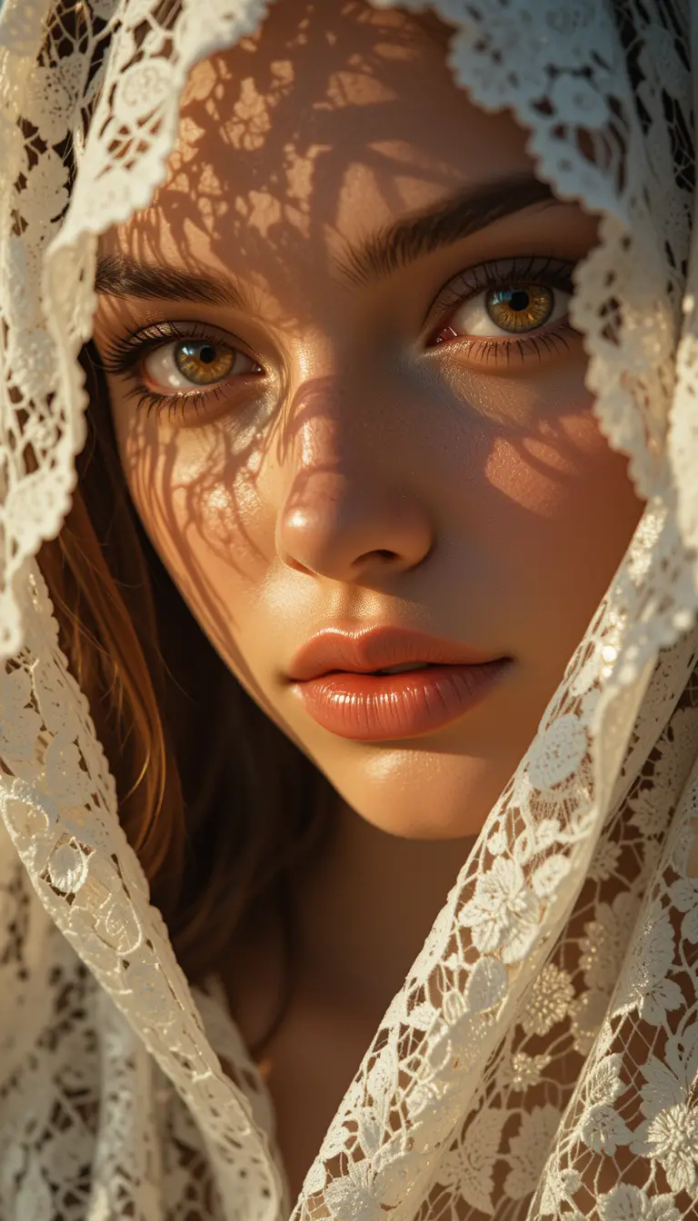 Woman portrait with lace veil and golden brown eyes