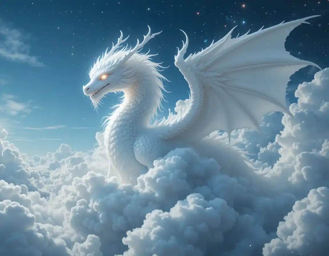 Celestial cloud dragon with glowing mystical eyes in sky