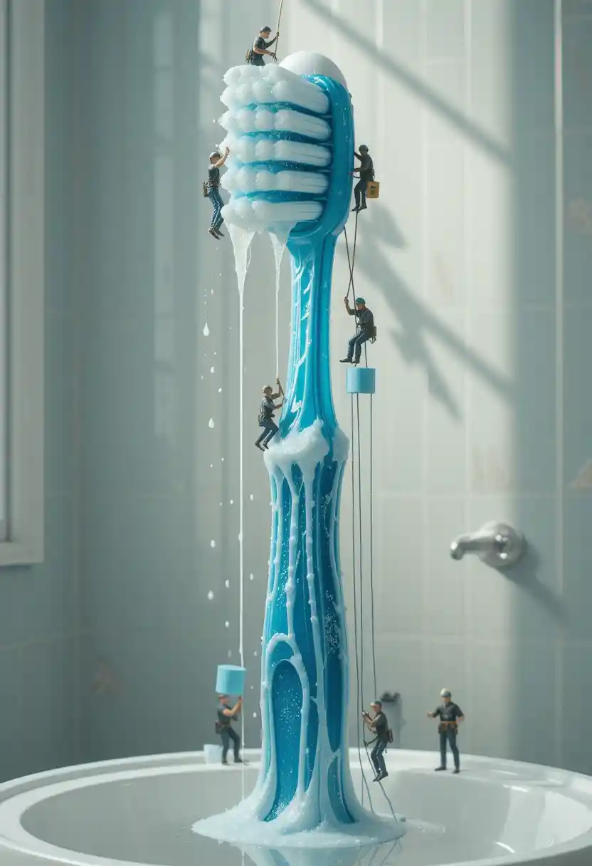 Close up blue toothbrush like a tower in a sink