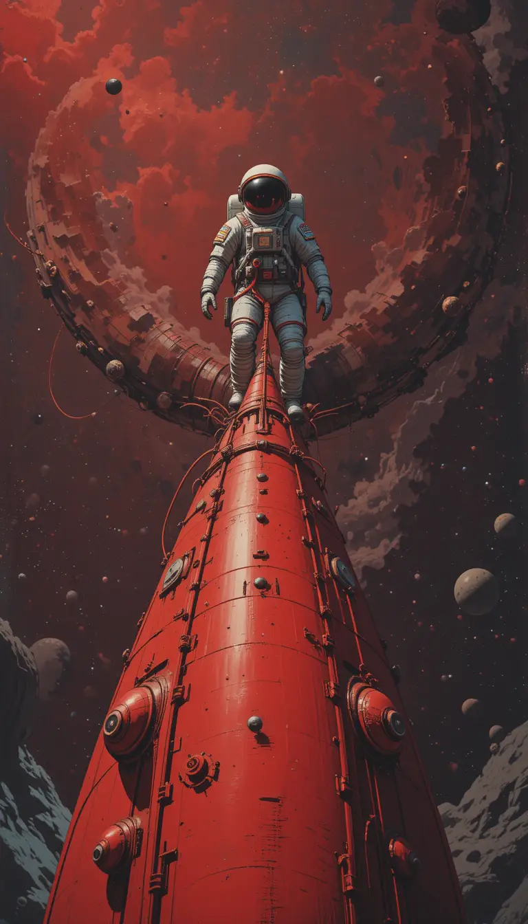 Astronaut On Red Alien Spacecraft In Vintage Sci Fi Illustration