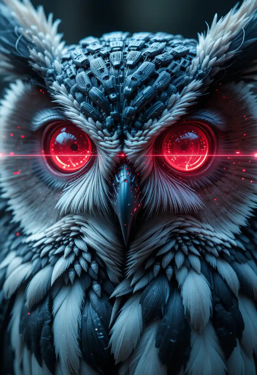 Cybernetic owl eyes with glowing augmented reality interface