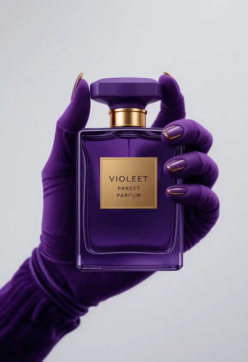 Luxurious violet perfume bottle held in velvet gloves