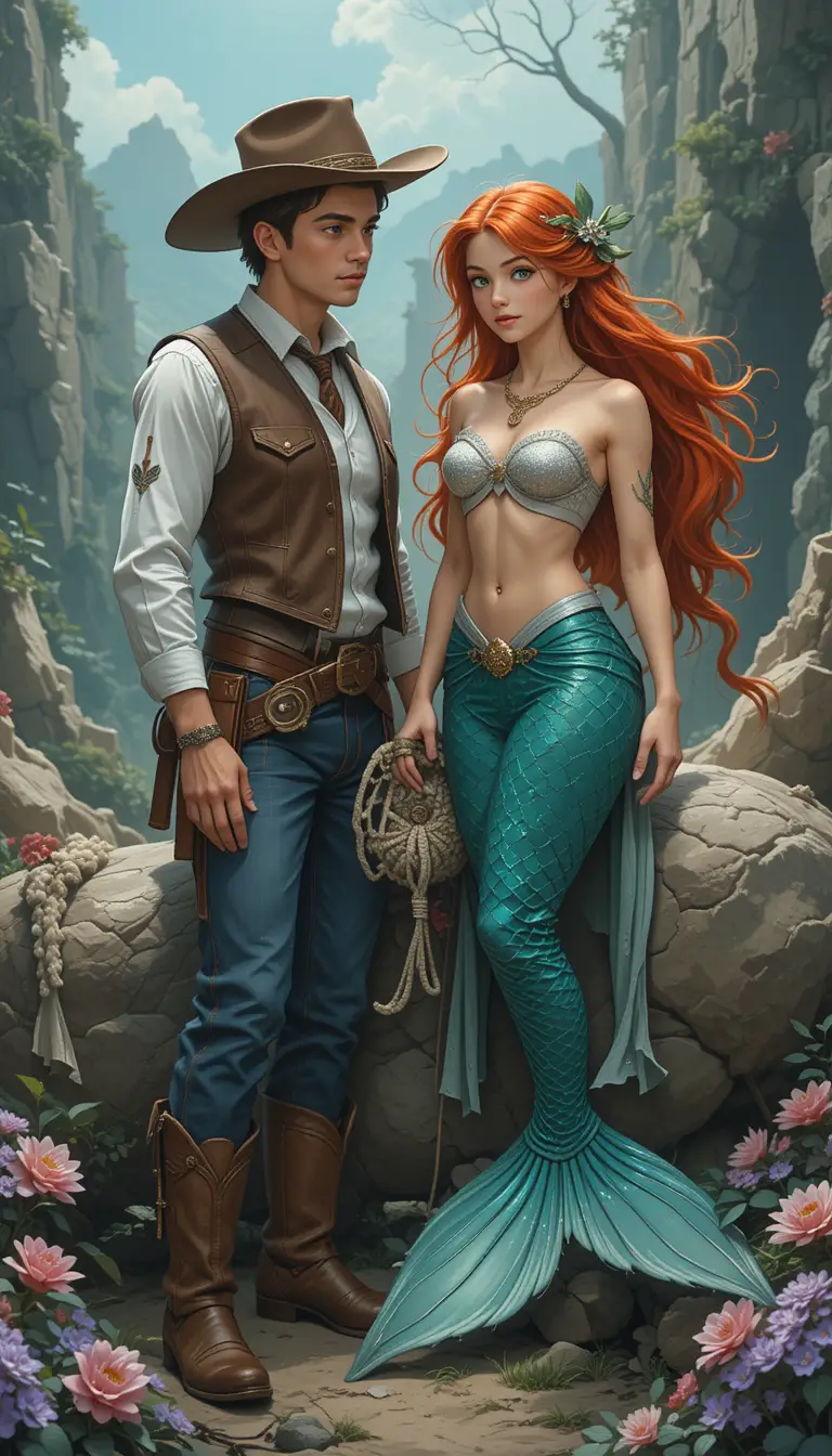 Cowboy befriends a mysterious mermaid in a fantasy scene