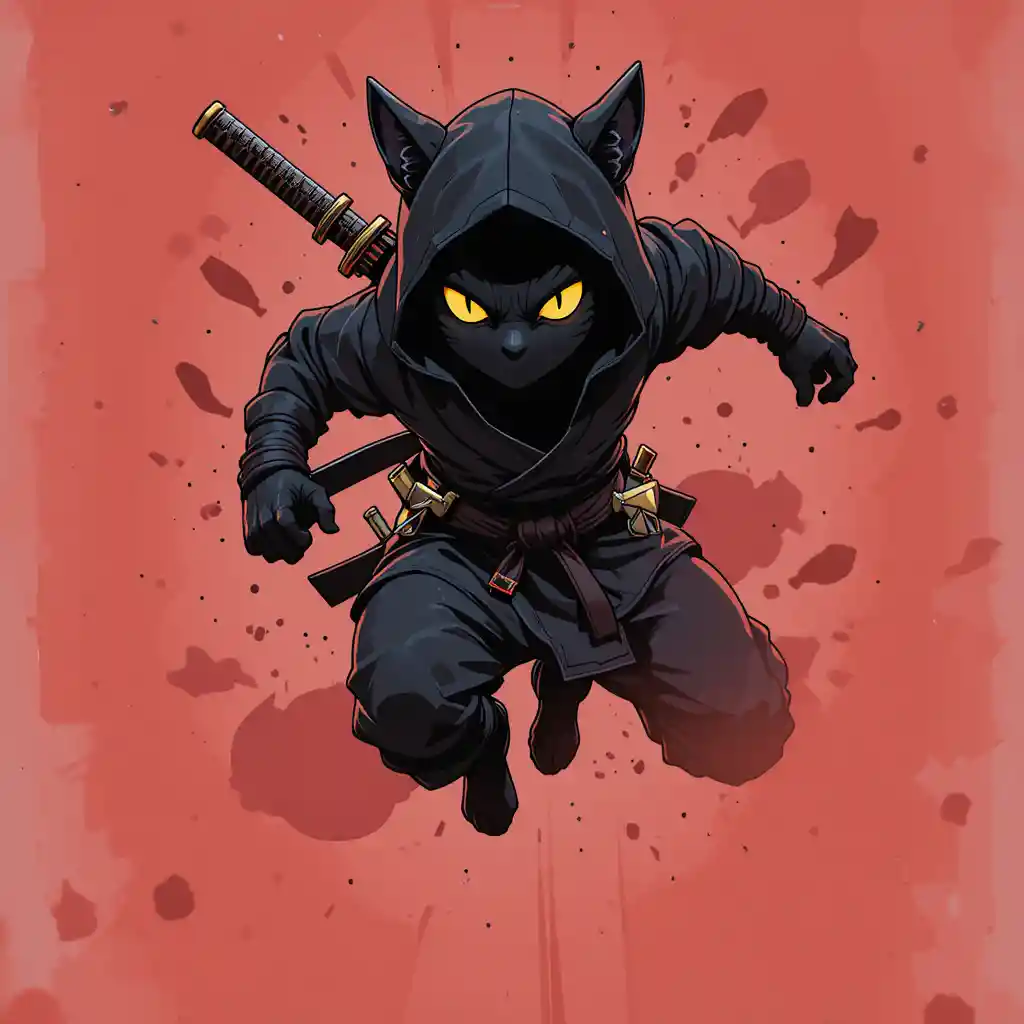 Black ninja cat warrior in dynamic running pose