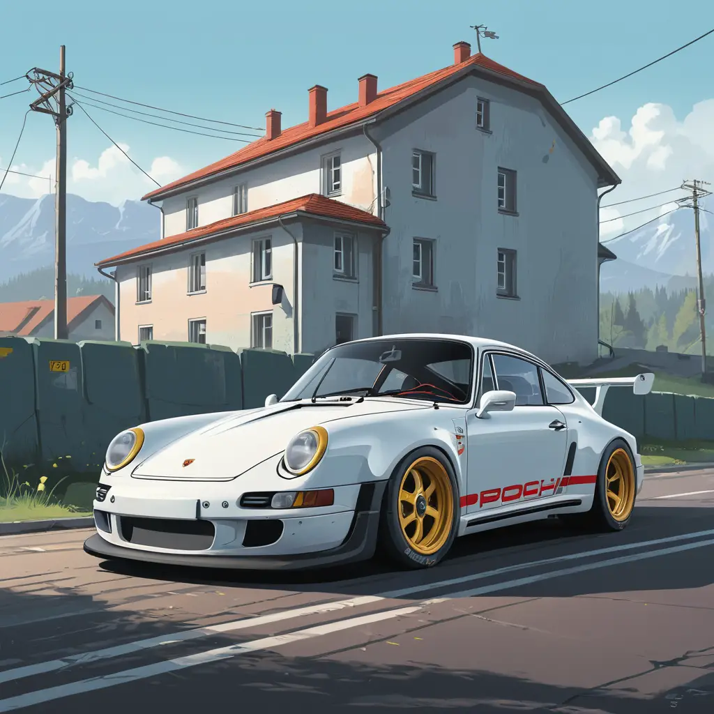 April 2025 calendar with cartoon Porsche GT3 illustration
