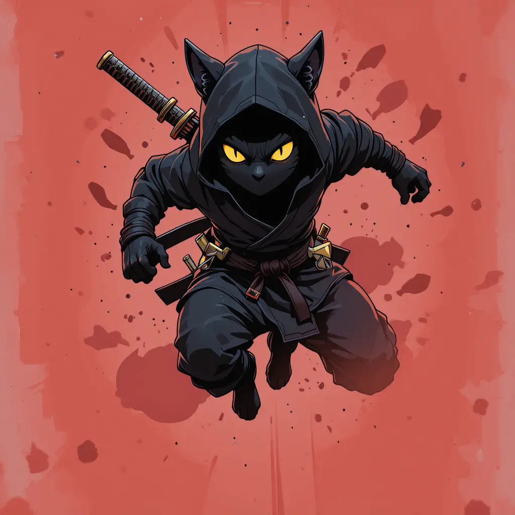 Black ninja cat warrior in dynamic running pose