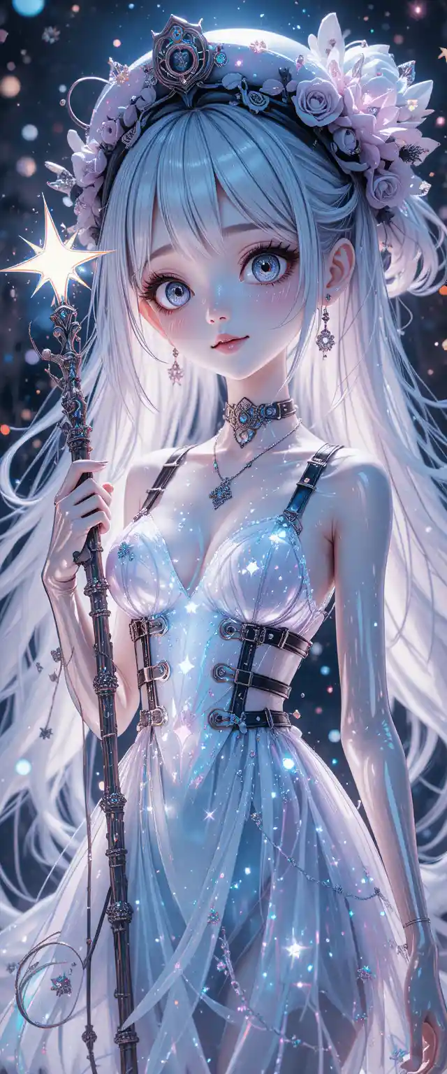 Kawaii creepy cute anime girl glowing in cosmic ink illustration