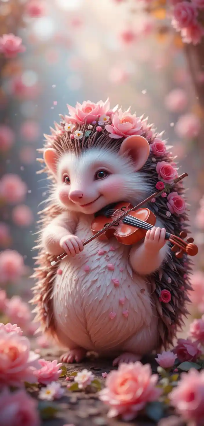 Romantic flower hedgehog playing a tiny heart shaped violin