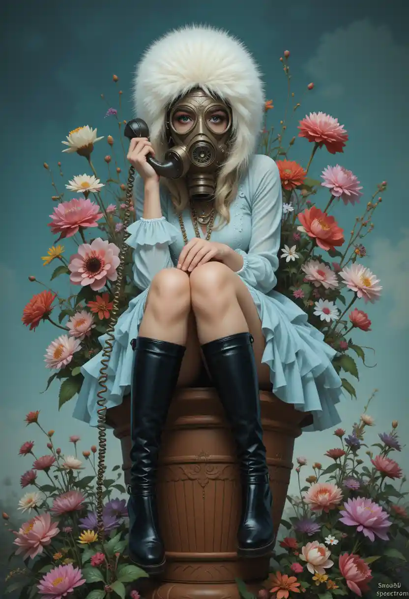 Fantasy woman with gas mask sitting on flower pot