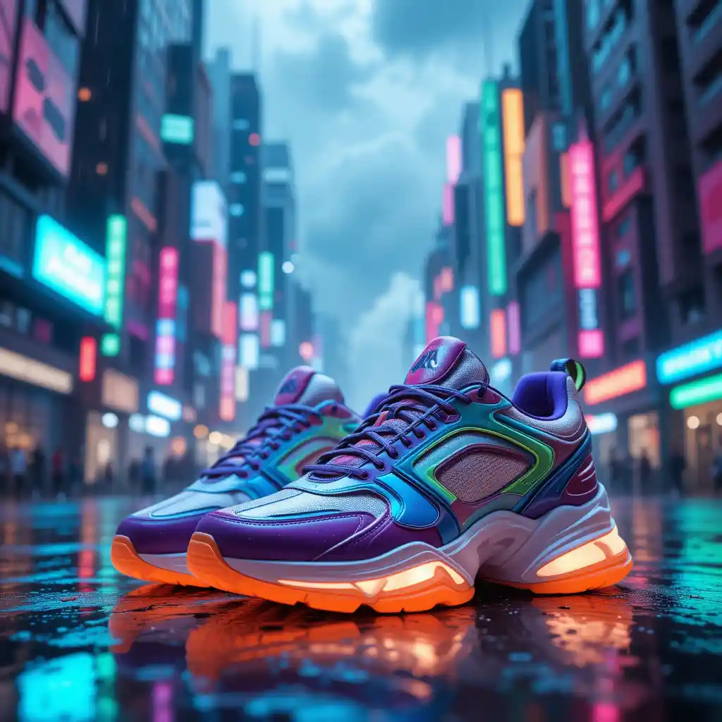 Sneakers 3D futuristiche in una scena piovosa di città al neon