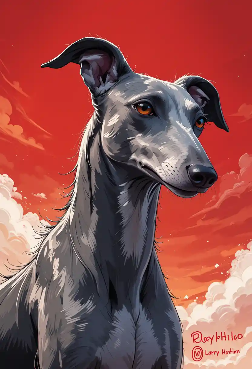 Anime whippet dog portrait under a vivid red sky