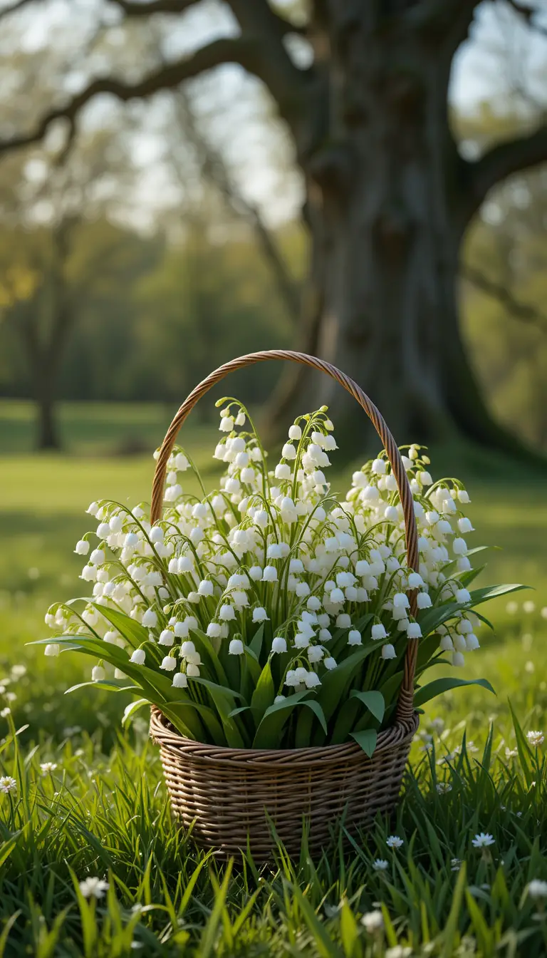 Flower basket of lilies of the valley in spring meadow
