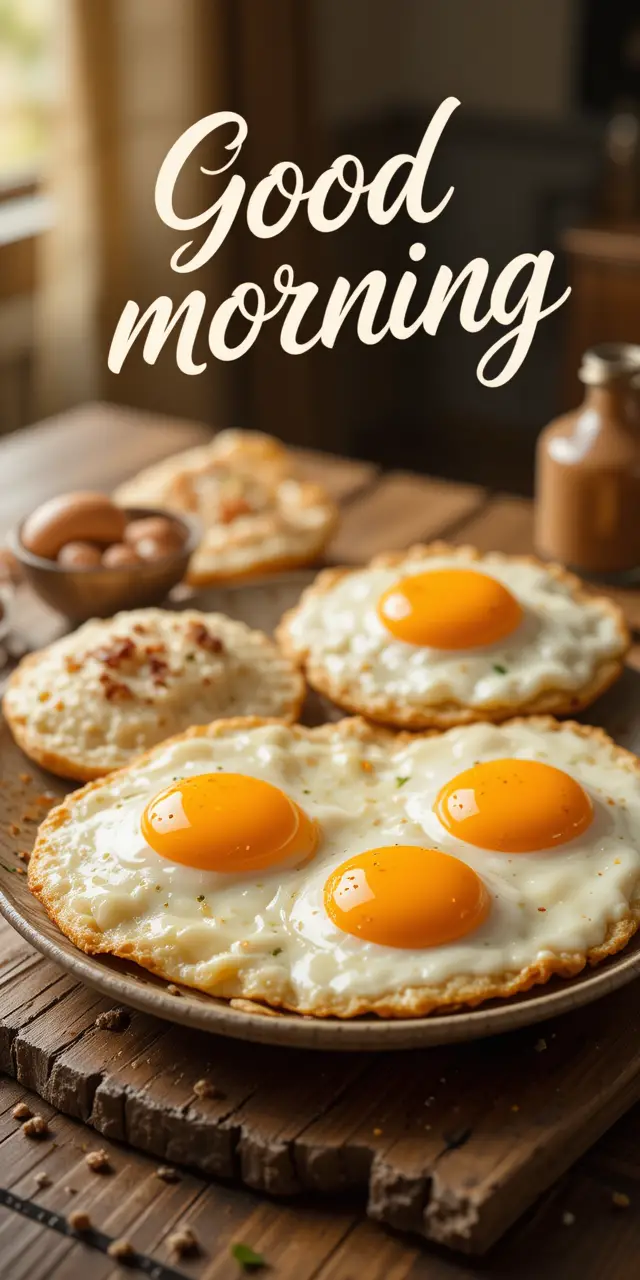 Cheerful fried egg art on wooden breakfast table