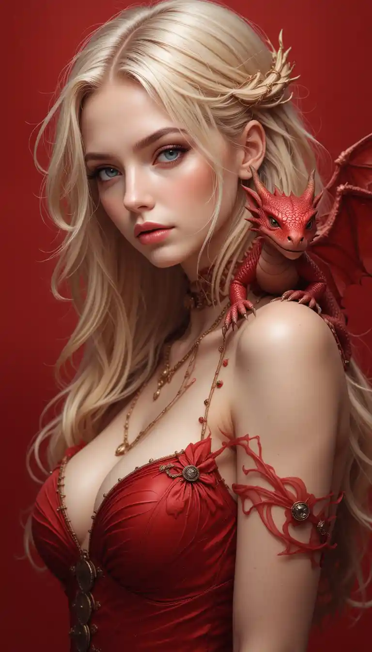 Blonde woman in red dress with tiny red dragon