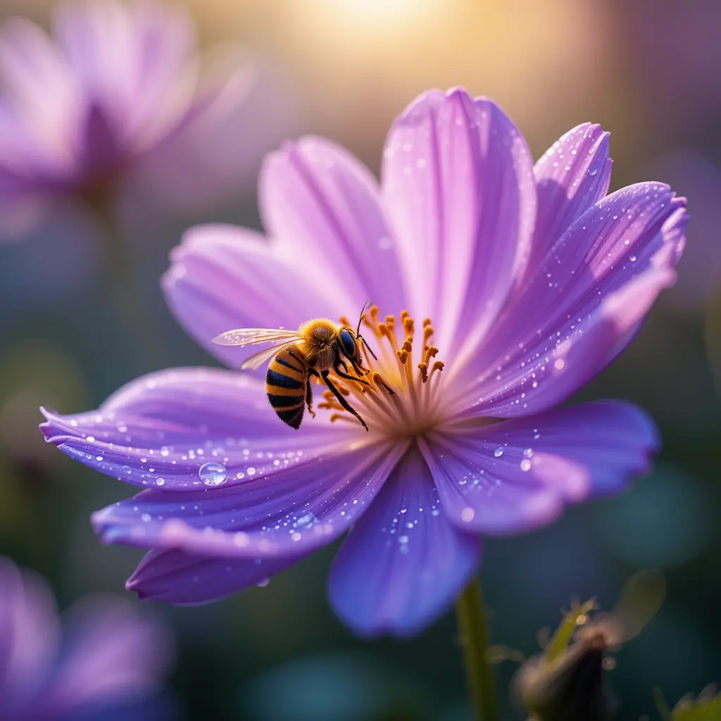 Macro bee pollinating a delicate purple flower