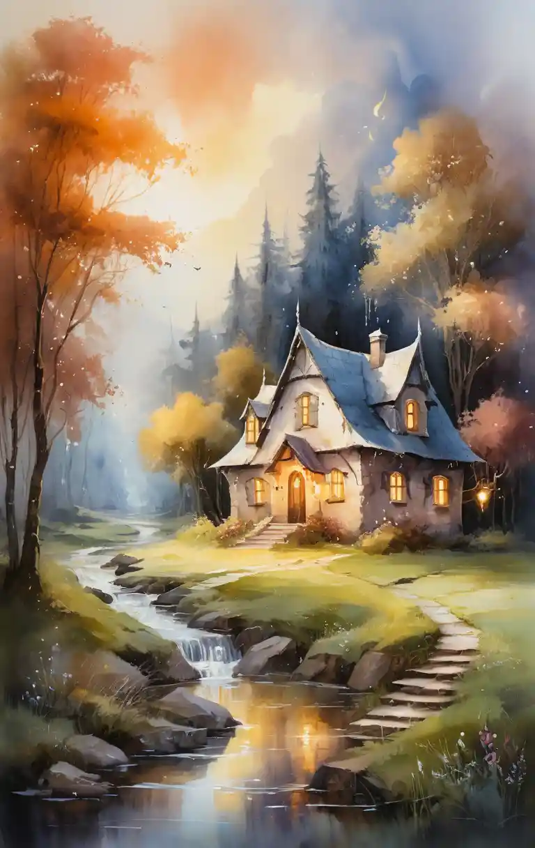 Dreamy fantasy painting in warm watercolor and oil tones