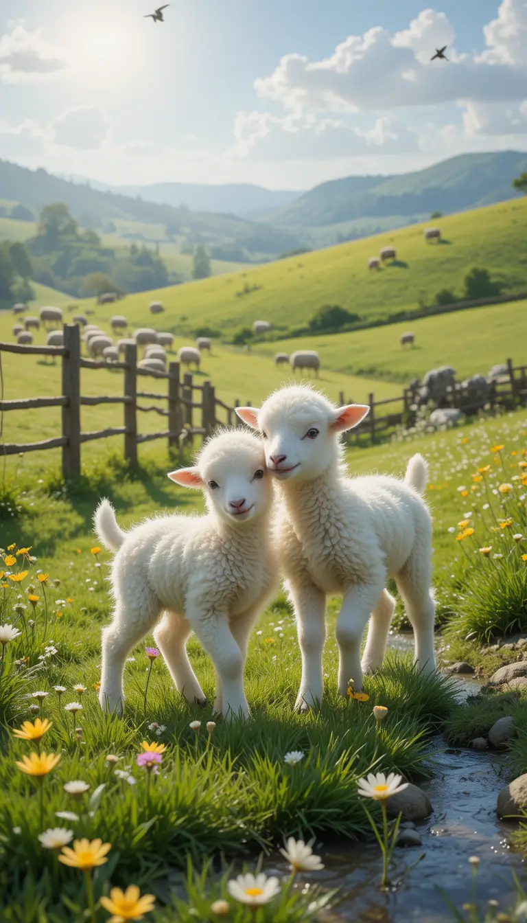 Playful newborn lambs in a sunny green meadow