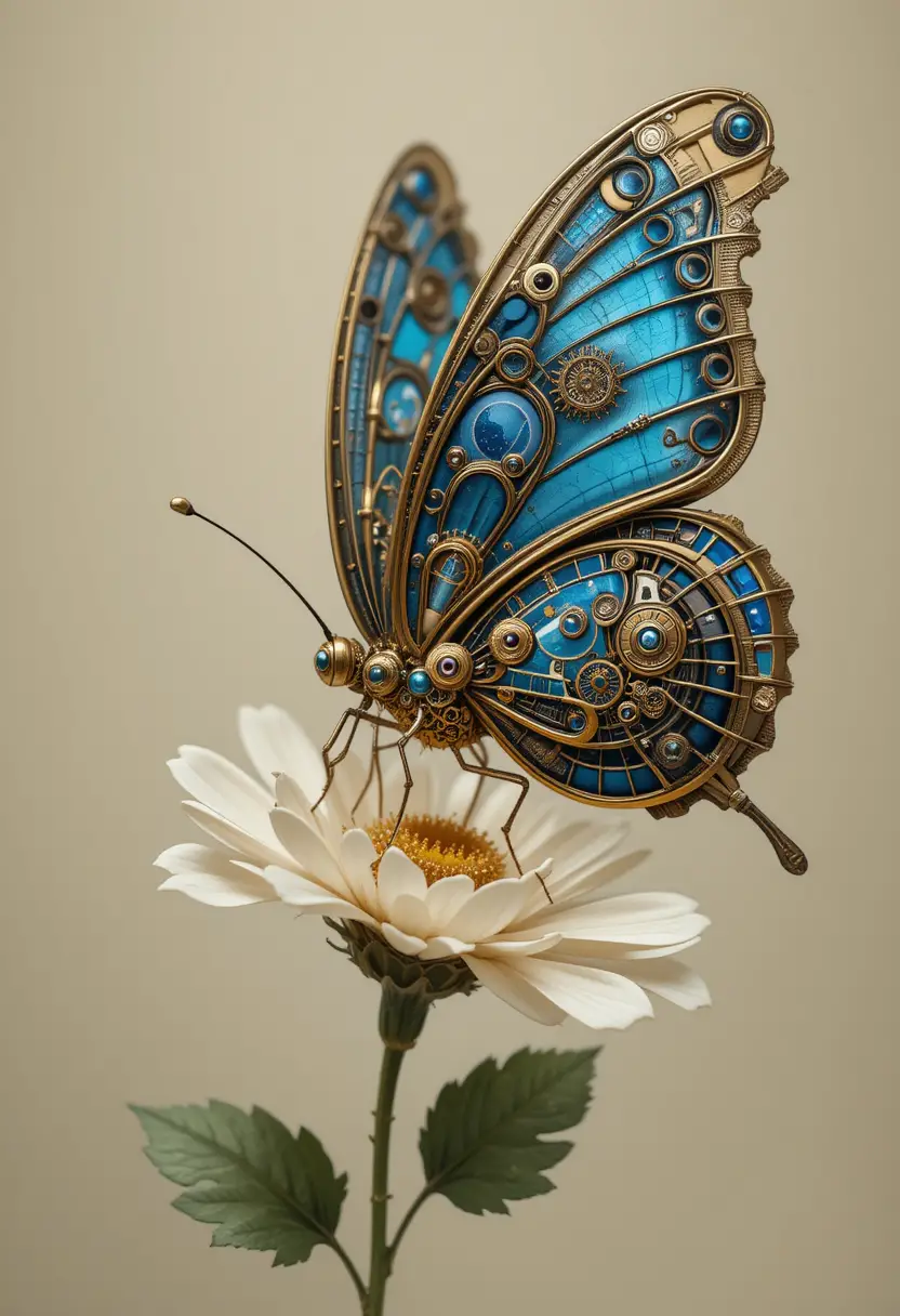 Mechanical butterfly with gears resting on white flower