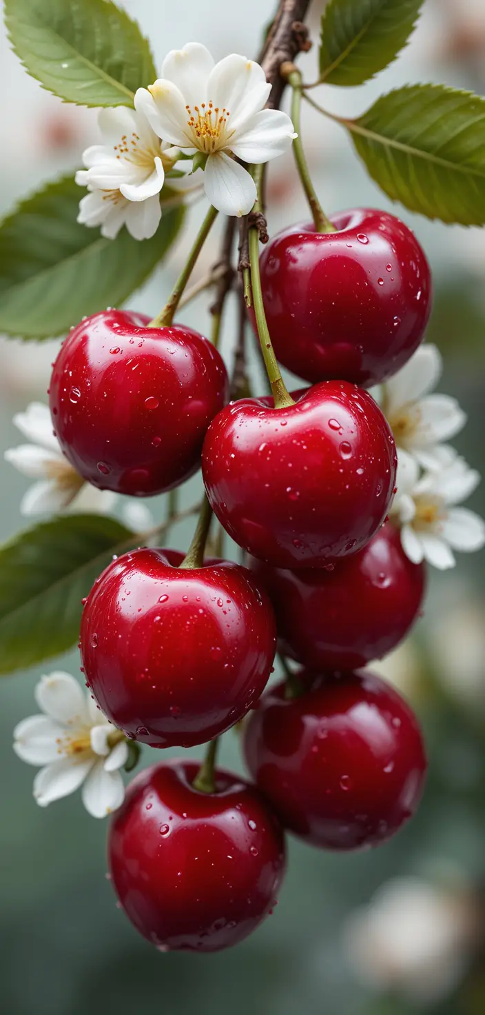 Ripe red cherries with blossoms in close up view
