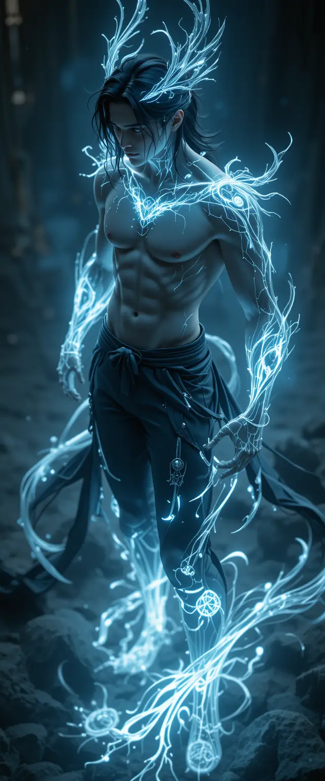Top down view of ethereal fantasy man with glowing runes