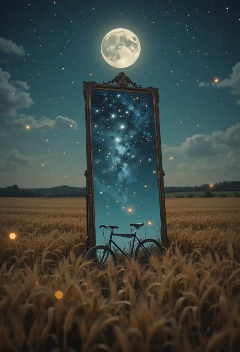 Grand mirror in a golden wheat field under moonlight