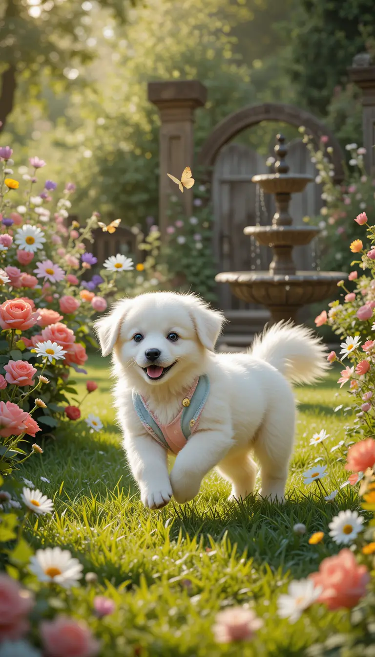 Baby playing with puppy in a sunny flower garden