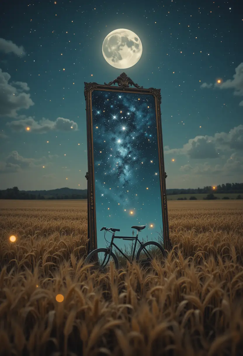Grand mirror in a golden wheat field under moonlight