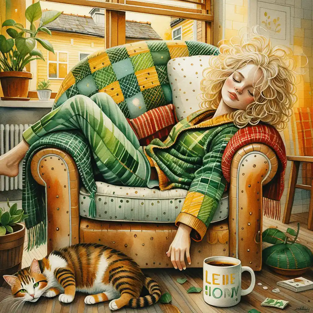 Cozy woman relaxing in armchair with sleeping cat