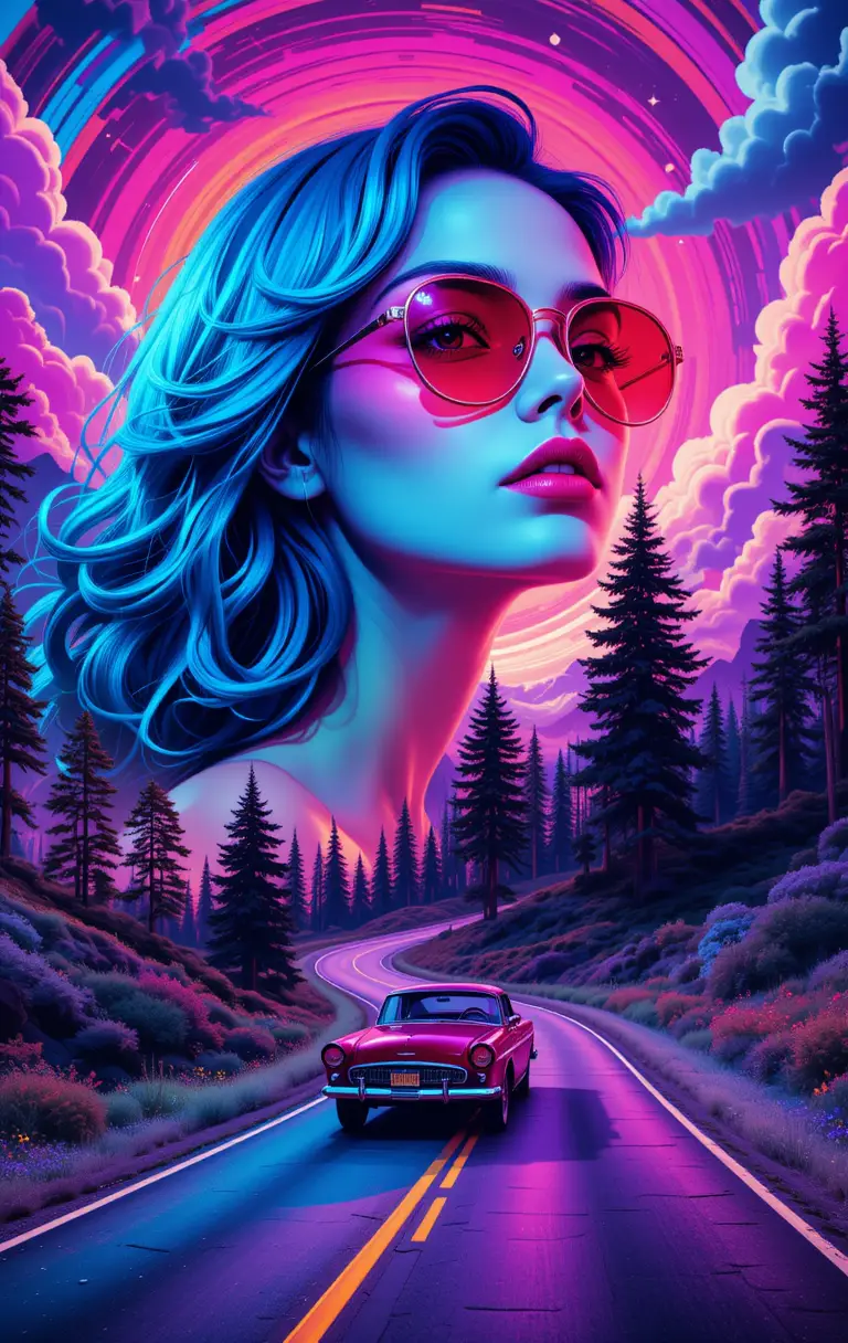 Stylized blue haired woman portrait with psychedelic colors