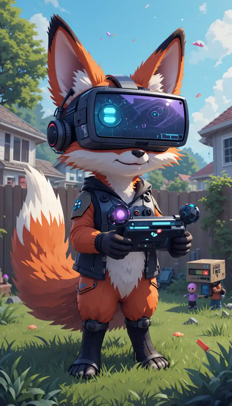 Pixel-Art-Fuchs-Gamer glitched in einem Vorstadtgarten