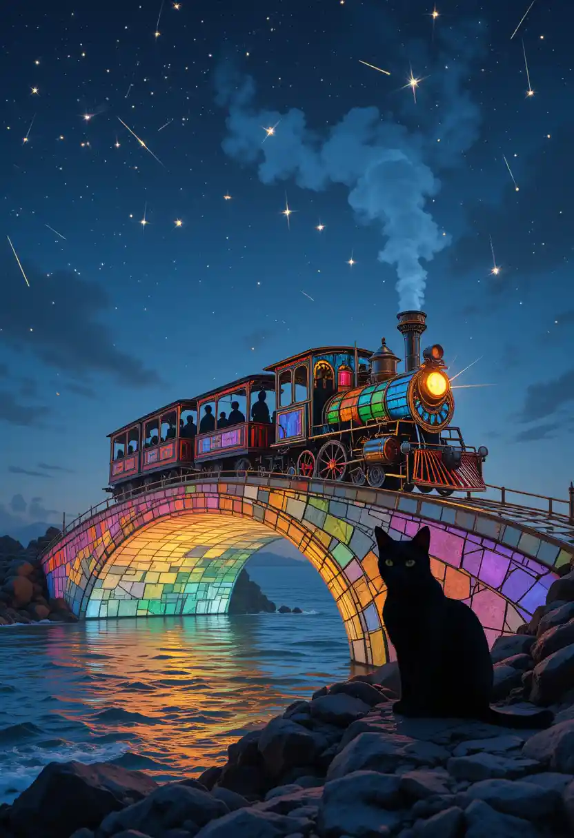 Stained Glass Train Crossing A Celestial Star Bridge