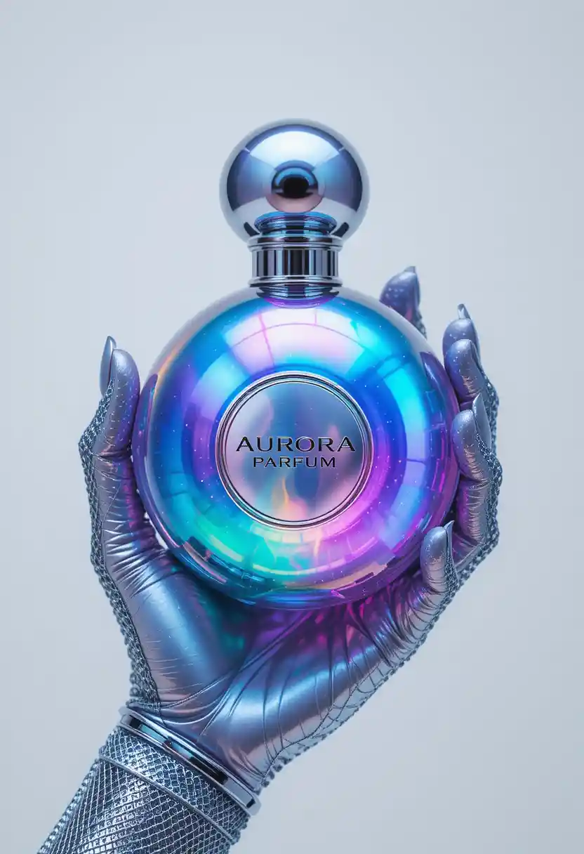 Iridescent 3d perfume bottle cradled in silver gloved hand